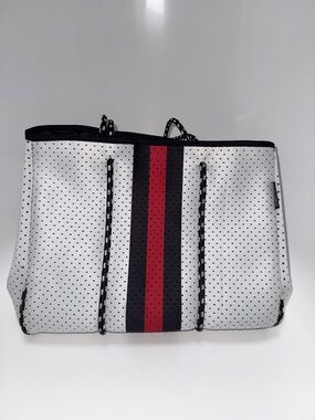 Perforated Neoprene Tote Red & Black Stripe. Travel, Boat, Beach, Gym Days